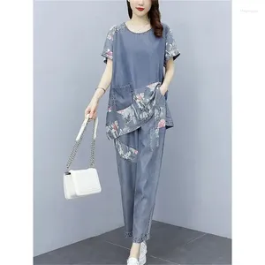 Women S Two Piece Pants Splicing Casual Denim Sets Female T Shirt Long Summer Loose Elastic Waist Jeans Suit Mother Piece High