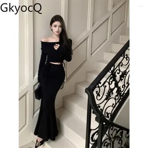Work Dresses Ladies Sets Black Square Neck Off The Shoulder Drawstring Top Split Wrap Hip Skirt Sexy Spicy Girl Slim Two Piece Women