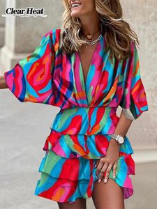 Vestidos de festa verão bat manga com decote em v vestido para mulheres cintura retração impresso casual solto moda praia férias senhoras vestidos