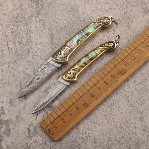 1Pcs New A2277 Damascus Folding Knife Damascus Steel Blade Abalone Shell with Engraved Copper Head Handle Small EDC Pocket Gift Knives with Nylon Bag