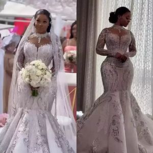 Cristais de luxo frisado sereia vestidos de casamento mangas compridas rendas applique alta pescoço trem varredura feito sob encomenda 2024 plus size vestido de novia