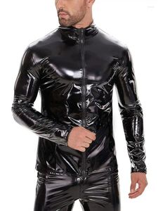 Men's Jackets 5-7XL Long Sleeve Faux Shiny PU Leather Tshirt Wet Look PVC Mens Coats Tight Sexy Cosplay Windbreaker Moto T Shirt Tops