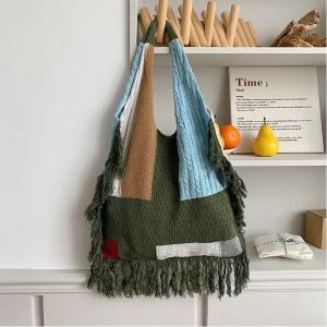 Factory Wholesale Shoulder Bags 5 Colors Street Trend Color Matching Tassel Handbag Hand-woven Wool Knitting Fashion Tote Bag Large Capacity Soft Women Backpack