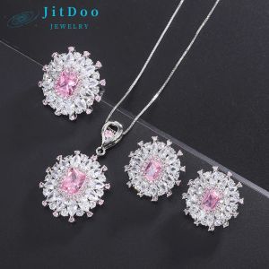 Uppsättningar jitdoo ny rosa ädelstenhalsband pendellingringar stud örhänge för kvinnor lyxiga bröllopsfest fina smycken uppsättningar flicka födelsedagspresent