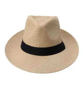 Fashion Summer Casual Unisex Beach Trilby Large Brim Jazz Sun Hat Panama Hat Paper Straw Women Men Cap With Black Ribbon19582775