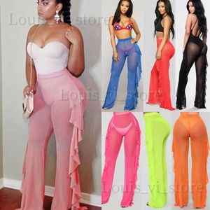 Kvinnors badkläder Nya 2020 Summer Women Beach Mesh Ruffle Sheer Wide Leg Pants Byxor Bikini täcker T240222