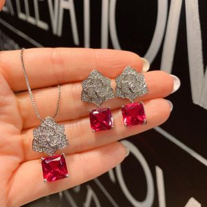 Sets Square Ruby Gemstone Camellia Flower Necklace Earrings Pendant Jewelry Sets for Women Wedding Anniversary Free Shipping Items