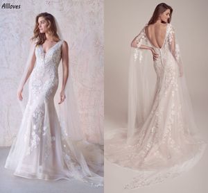 Removable Ivory Tulle Shoulder Wrap Long Cape Wedding Dresses Sexy V Neck Lace Appliqued Mermaid Bridal Gowns Plus Size Backless Bride Women Robes de Mariee CL3319