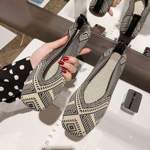 Plus Size Spring New Ballet Flats Women Square Toe Knit Fabric Breattable Flat Heel Drive Shoes Driving Slip On Loafers