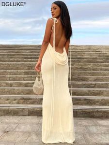 Grundläggande avslappnade klänningar Backless White Long Womens 2023 Summer Maxi Beach Dress Elegant Birthday Party Evening Dress Wedding Cocktail J240222