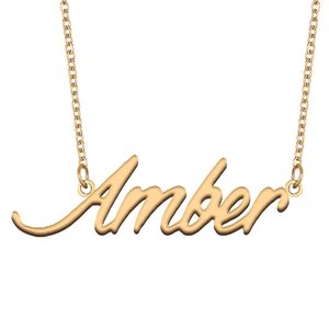 Colar com nome âmbar, pingente para mulheres, presentes para namorada, placa de identificação personalizada, joias para melhores amigos, banhado a ouro 18k, aço inoxidável