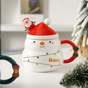 Mugs Cute Christmas Ceramic Coffee Mug Kids Kawaii Snowman Santa Claus Milk Tea Cup With Lid And Spoon Gift Ideas For Adults Friends