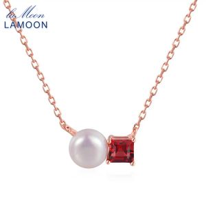 Halsband lamoon Simple 100% Natural Red Garnet Freshwater Pearl 925 Sterling Silver Chain Pendant Halsband S925 LMNI054