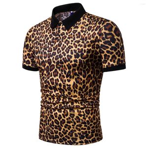 Polos masculinos lazer camisa polo 2024 verão juventude leopardo impressão lapela de manga curta camiseta masculina