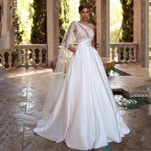 Charming Simple Plus Size A Line Wedding Dresses for Bride 2024 Black Women satin Lace Sleeve A line Pleated Floor length Dresses Garden Bridal Gowns Vestido De Noiva