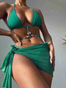 Women's Swimwear 3 Pieces Mesh Skirt Women Luxury Green Red Rhinestone Designer Bikini Set 2024 Bathing Suit Cover Up Thong SwimsuitH24222