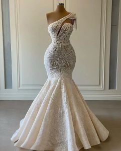 Plus Size Arabic Aso Ebi Luxurious Lace Beaded Wedding Dresses One Shoulder Mermaid Bridal Dresses Vintage Wedding Gowns