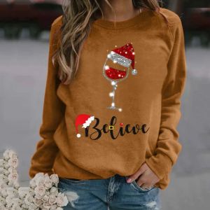 Moletons primavera e outono pulôver feminino em torno do pescoço carta sólida impressão de natal manga longa tshirt hoodies moda casual topos