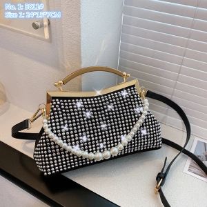 Wholesale Factory Ladies Shoulder Bags 2 Styles Elegant Diamond Dinner Bag Sweet Pearl Chain Handbag Personality Alloy Edging Fashion Mobile Phone Coin Purse