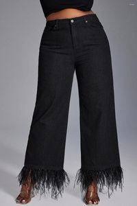 Jeans da donna Jeans dritto in denim nero Design taglie forti Pantaloni vintage casual con piume a gamba alta a vita quotidiana