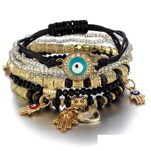 Charme Pulseiras Evil Eye Charms Pulseiras Design de Moda Fatima Hamsa Mão Pulseira Bangles para Mulheres Mtilayer Trançado Handmade Homens B DHPRZ