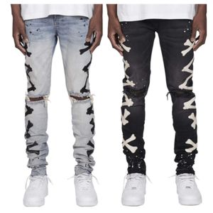 Jeans elásticos estampados com buraco rasgado masculino de alta qualidade com tendência de impressão óssea novo estilo