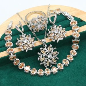 Collane Matrimonio Set di gioielli in argento per donne Lussuoso braccialetto con zirconi champagne Orecchini Collana con ciondolo Anello Regalo di Natale