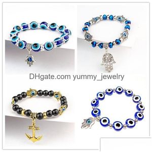 Charm Bracelets Fatima Hand Hamsa Bracelet Jewelry Women Man Gold Sier Color Fashion Blue Devil Evil Eye Plam Bell Beaded Anchor Char Dh1Cr