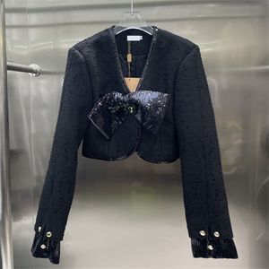 Elegante schwarze Frauen-Jacken-Mantel-Luxusentwurfs-Bowknoten-Entwurfs-Jacken-Designer-abgeschnittene lange Hülsen-Frühlings-Oberbekleidung