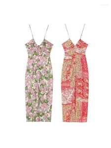 Casual Dresses Traf 2024 Kvinnor Summer Böhmen tryck Slip Lång klänning Backless Beach Midi Party