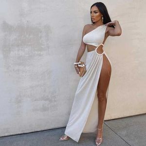 Basic Casual Dresses Womens round cut asymmetrical neck elegant stunning long dress midnight party dress womens side split white dress J240222