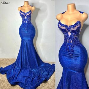 Abiti da ballo con paillettes blu royal lucidi con perline O-collo trasparente Aso Ebi Sirena lunga Abiti da sera formali Slim Fit Plus Size Abito da donna secondo ricevimento di compleanno CL3317