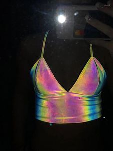 Kvinntankar Kvinnor V Neck Sexig holografisk braltetskörd topprem reflekterande mode camis sommar 2024 ärmlösa rygglösa tank tops