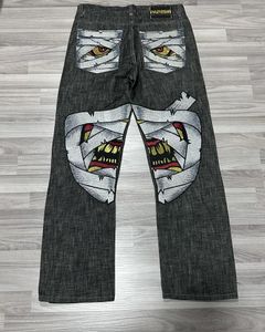 Мужские джинсы в готическом стиле, винтажная уличная одежда Y2K, хип-хоп, панк, графическая вышивка, высокая талия, прямые широкие брюки в стиле Харадзюку