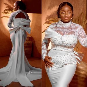 ASO EBI Mermaid Wedding Dresses For Bride Plus Size High Neck Illusion Elegant Lace Pearls Pärlade underbar satin äktenskapsklänning för afrikanska Nigeria svarta kvinnor NW109