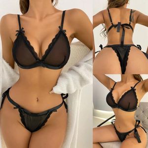 Bras Sets Plus Size Underwire Mesh Exotic Sexy Lingerie Set Women Two Pieces Underwear Transparent Lace Pajamas Temptation