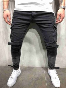 Mäns jeans herrar svart denim smal fit jeans manlig mager blyertsbyxor casual lastbyxor byxor med fickor remmar gratis frakt T240223