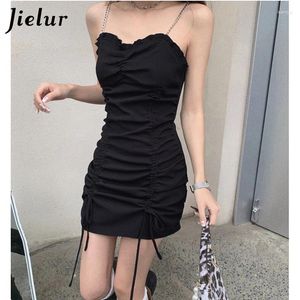 Casual Kleider Raffen Leibchen Für Frauen A-linie Einfarbig Mini Kleid Sommer Schwarz Weiß Kordelzug Bodycon Weibliche S-L