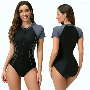 Costumi da bagno da donna Sexy Manica corta con cerniera Donna Tute da surf Costume intero Sport Slim Rash Guard Abbigliamento da sub Muta Nero Grigio