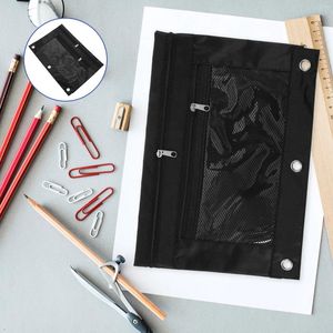Depolama Çantaları Büyük Kapasiteli Fermuar Çift Cep Şeffaf Pencere 3 Ring Bağlayıcı Kırtasiye Kalem Çantası Kalem Siyah Dosya Tutucu