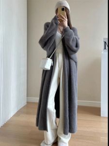 Cardigans White Gray Long Cardigan For Women 2023 Autumn Winter Clothes Knitted Fluffy Long Sleeve Mink Cashmere Sweater Coat Korean Style