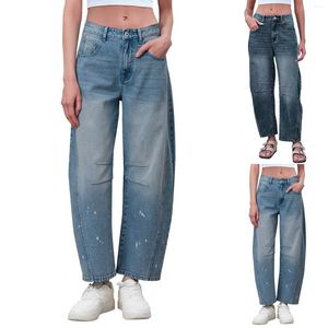 Jeans da donna Pantaloni con gambe di ravanello A vita media a botte per le donne Pantaloni a gamba larga Ritagliati Denim Baggy Boyfriend con tasche