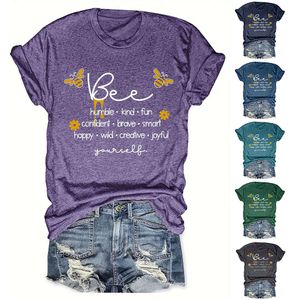 Bee Letter Printing Lässiges, lockeres Rundhals-Kurzarm-T-Shirt für Damen