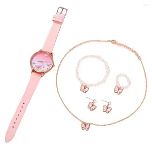 Wristwatches Lady Birthday Gift Jewelry Women's Butterfly Pendant Set With Faux Pearl Necklace Adjustable Strap Watch For