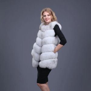 女性用の毛皮のリアルフォックスファーベスト、長い革のコート、濃厚な暖かいジャケット、単色の毛皮のベスト、豪華なファッション、ニュー、2023