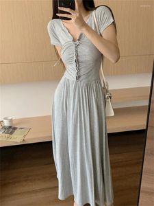 Party Dresses Plamtee S-M Gray Long Dress Sexig Women Summer V-Neck Daily Office Lady 2024 Elegant Normcore Streetwear Short Sleeve Slim