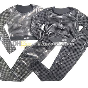 Shiny Sequin Sportwear Women Long Sleeve Sport Tee Letters Webbing Leggings Two Piece Set Tracksuit