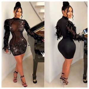 Casual Dresses Pearls Feathers Diamonds Sheer Mesh Patchwork Bodycon Mini Party Dress with Briefs Women Sexy See Through Long Sleeeeve