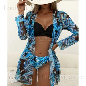 Women's Swimwear Jufani 2022 new three-piece swimsuit multicolor printed blouse sunscreen suit swimsuit T240222