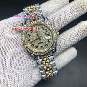 Full Diamonds Case Watches For Men Big Stones Bezel Day Sweep Automatic Date Watch High Quality 36mm Two Tone Wristw3252